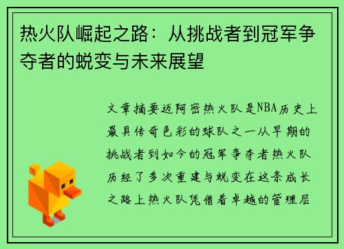 热火队崛起之路：从挑战者到冠军争夺者的蜕变与未来展望