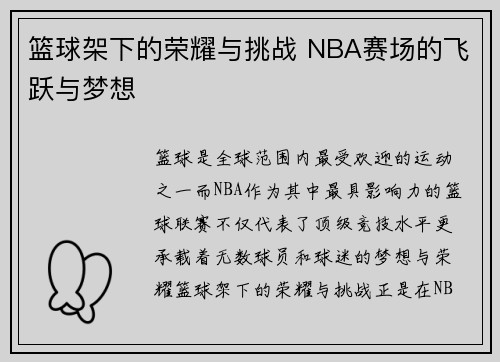 篮球架下的荣耀与挑战 NBA赛场的飞跃与梦想